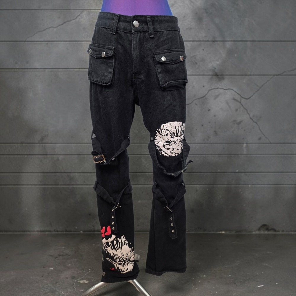 SLP Jeans Black Bondage Cargo Pants Skull Graphic Strappy Punk Streetwear Mens M